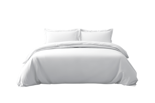 A neatly arranged white bedding set featuring a quilt and two decorative pillows, exuding a sense of comfort and simplicity. png