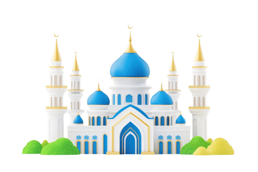 A colorful, stylized mosque featuring domes and minarets, showcasing intricate architectural details and vibrant hues. png
