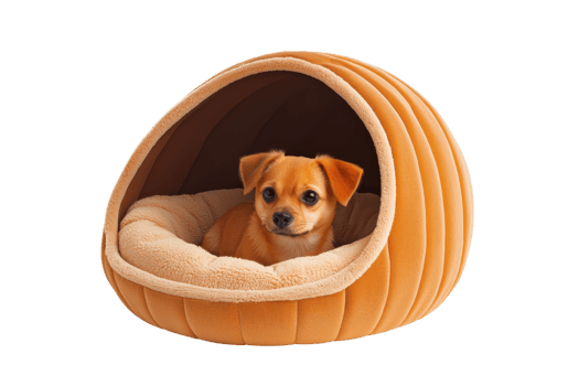 A cozy pet bed featuring a small dog nestled inside, showcasing a soft interior and a unique, rounded design. png