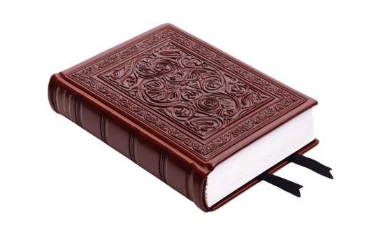 A beautifully embossed leather-bound book with intricate designs and ribbon bookmarks. png