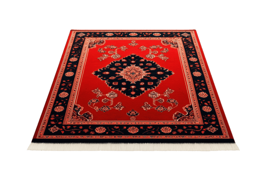 A vibrant red rug with intricate floral patterns, featuring a central diamond design and bordered by dark accents. png