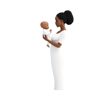 A woman in a fitted white dress cradles a baby lovingly in her arms, showcasing a tender maternal bond. png