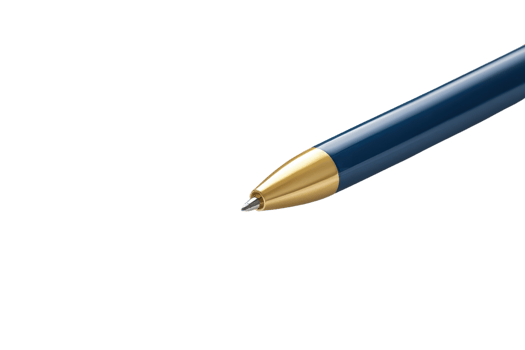 A blue pen with a gold tip, designed for writing, showcasing its sleek design and fine point. png
