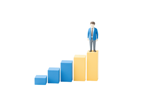 A figure stands atop ascending bars, representing growth and achievement. png