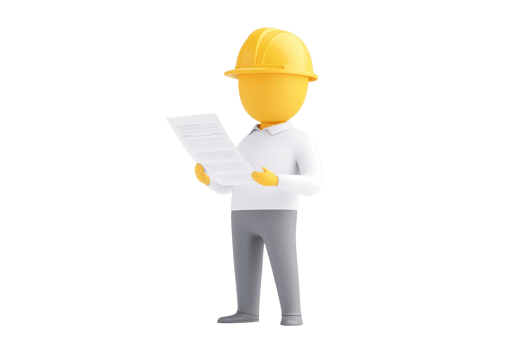 A cartoon figure wearing a yellow hard hat, holding a piece of paper, dressed in a white shirt and gray pants. png