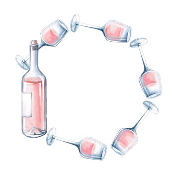 Round frame of rose wine bottle and glasses. isolated watercolor illustration for restaurant menu and interior design, discount coupons printing, on fabric and posters. png