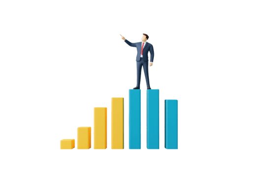 A businessman stands triumphantly on a bar chart, pointing upwards to symbolize growth and success. png