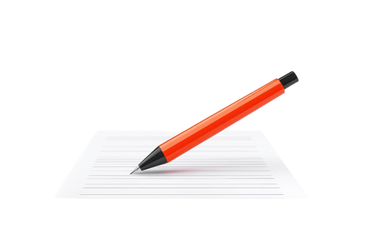 A bright orange pen rests diagonally on a white lined sheet of paper. png