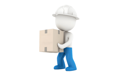 A worker character lifting a cardboard box, wearing a helmet, demonstrating manual handling in a construction or logistics context. png