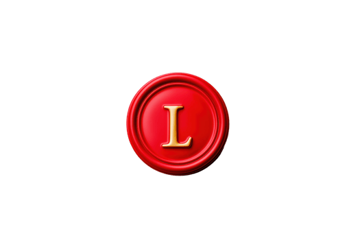 A bold red seal with a golden letter L at its center, symbolizing authenticity or a special mark. png