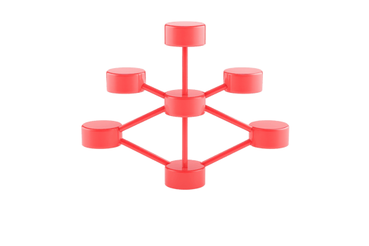 A red geometric structure featuring multiple cylindrical nodes connected by rods, creating a balanced and symmetrical design. png