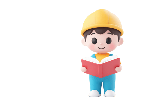 A cheerful cartoon character holding a book, wearing a yellow hat and colorful clothing, engaged in reading. png