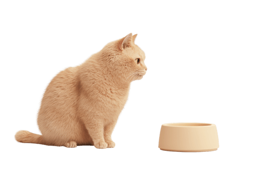 A light-colored cat sits attentively next to a food bowl, displaying curiosity and focus. png