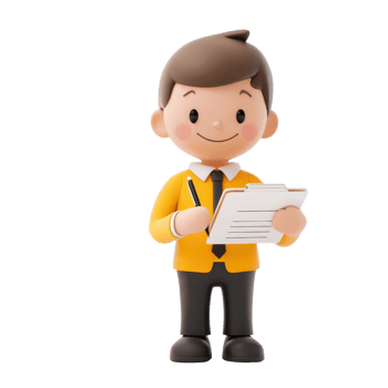 A cheerful cartoon boy holding a clipboard and a pencil, dressed in a yellow jacket and black pants, exuding a friendly and approachable demeanor. png