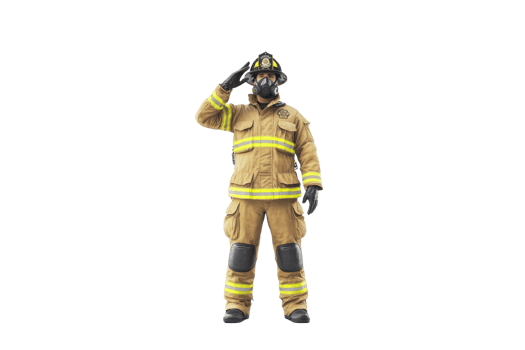 A firefighter in full gear saluting, showcasing dedication and bravery in their profession. png