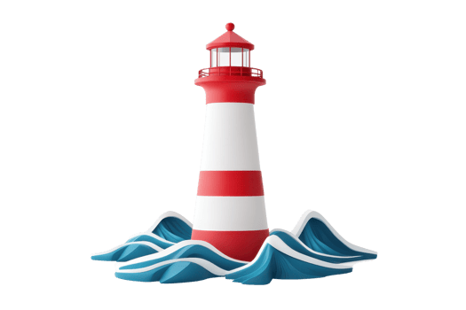 A colorful lighthouse with red and white stripes, surrounded by stylized waves. png