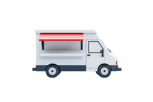 A food truck featuring a white body, red awning, and large wheels, designed for serving food on the go. png