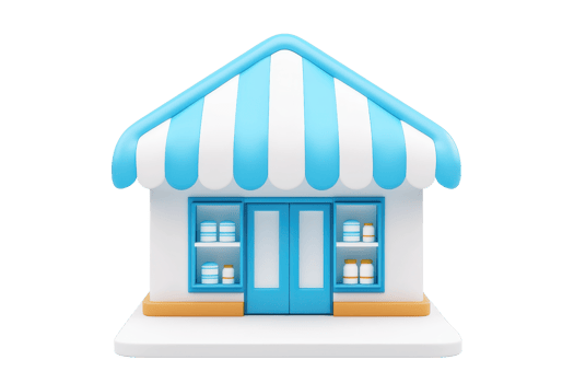 A small, colorful shop featuring a blue-striped awning and display windows filled with various products. png