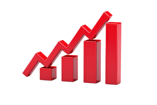 A stylized red bar graph with varying heights, illustrating an upward trend in data. png