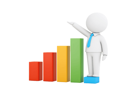 A 3D figure in a suit gestures towards ascending colorful bar graphs, symbolizing growth and success. png
