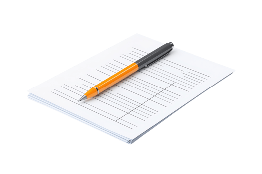 A pen resting on a stack of lined paper, featuring a grid layout for notes or lists. png