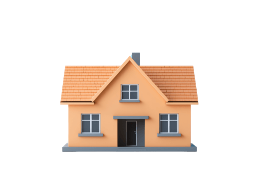 A charming, orange house model with a sloped roof, two windows, and a front door, showcasing a welcoming appearance. png