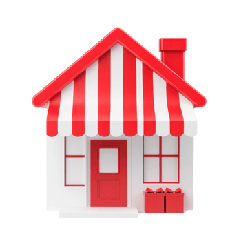 A small, colorful house model with red and white striped awning and a chimney, featuring a door and windows. png