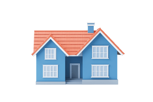 A blue house with a red tiled roof, featuring multiple windows and a front door. png