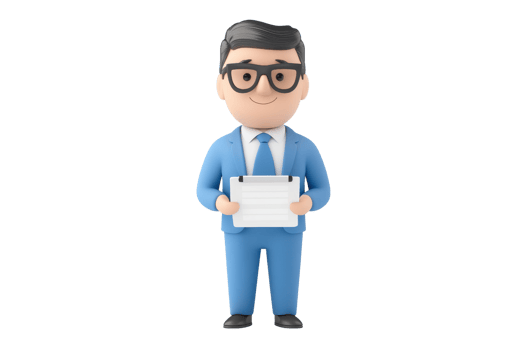 A cartoonish businessman in a blue suit, wearing glasses, holds a document in his hands, conveying professionalism and approachability. png