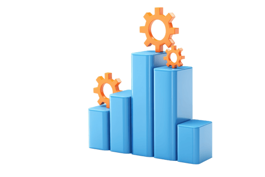 A 3D bar graph featuring blue bars with orange gears on top, symbolizing growth and mechanical processes. png