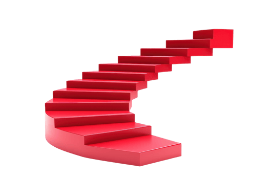 A vibrant red spiral staircase ascending gracefully, featuring smooth, even steps that create a striking visual impact. png