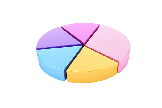 A colorful pie chart divided into five segments, each showcasing different pastel colors representing data distribution. png