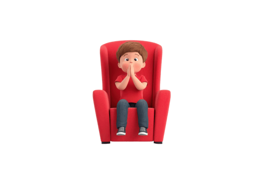 A young child sitting in a red armchair, expressing a surprised or shocked emotion with hands on their face. png
