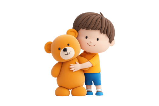 A cheerful child hugs an adorable orange teddy bear, showcasing a bond of friendship and playfulness. png