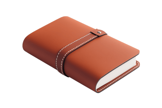 A rich brown leather notebook with a button closure and white stitching along the edges. png