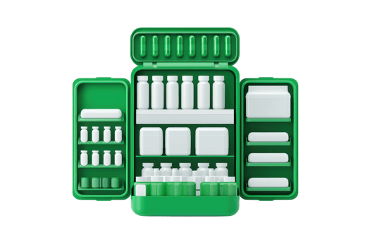 A green medical kit filled with various bottles and containers, designed for storing medications and first aid supplies. png