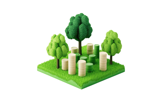 A vibrant miniature landscape featuring green trees and cylindrical structures on a grassy base. png