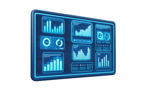 A digital dashboard displaying various data visualizations, including charts and graphs, in a sleek, high-tech design. png