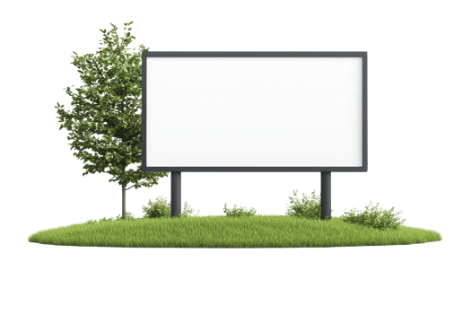 A blank billboard stands prominently beside a lush tree, surrounded by green grass and small plants. png