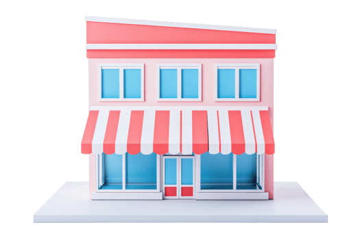 A colorful model of a shop with red and white striped awnings and blue windows, showcasing a charming storefront design. png