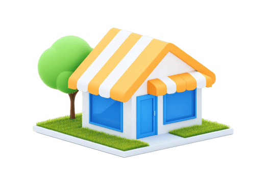 A colorful, stylized store with an orange and white striped awning, featuring blue windows and surrounded by greenery. png