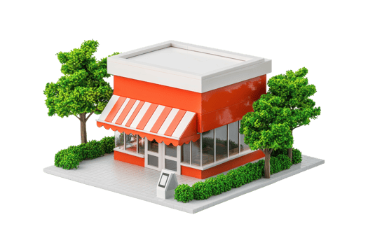 A colorful, modern building featuring large windows, striped awning, and surrounded by greenery, representing a retail or dining establishment. png