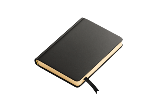 A sleek black notebook with a textured cover and gold-edged pages, featuring a ribbon bookmark for easy access. png