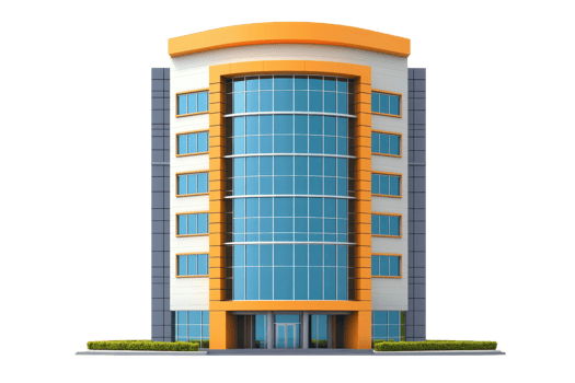 A modern, multi-story building featuring large glass windows and an orange-accented roof, designed for commercial use. png