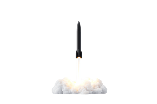 A vertical rocket launches, emitting plumes of smoke and fire from its base, signifying a powerful ascent into the sky. png