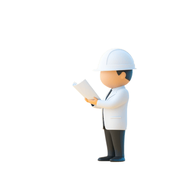 A cartoon figure in a white coat and hard hat, holding a clipboard and studying information. png