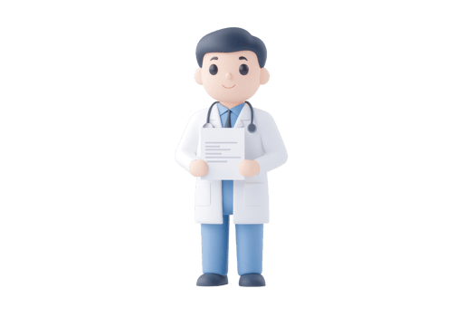 A cartoonish doctor figure holding a medical document, dressed in a white coat with a stethoscope. png