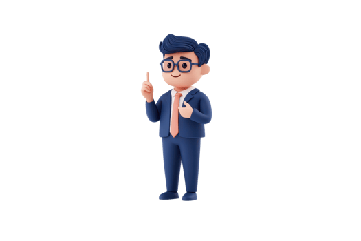 A professional-looking character in a suit, holding a pointer and gesturing, exuding a confident and engaging demeanor. png
