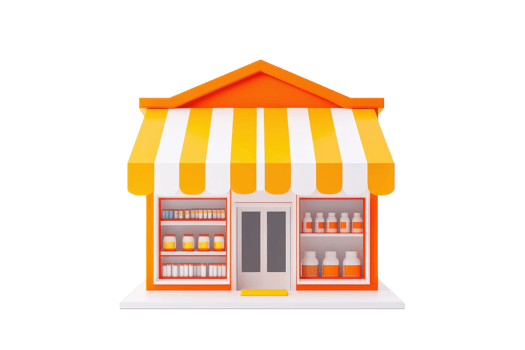 A colorful storefront with an orange and white striped awning, displaying various products in an organized manner. png