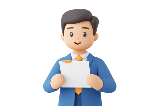 A smiling cartoon character in a blue suit holding a sheet of paper, exuding professionalism and friendliness. png